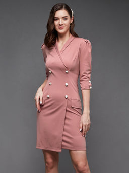 Miss Chase - Women's Dusty Pink Solid Double Breasted Knee Length Blazer Dress