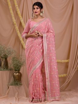 Koskii - Pink Gota Patti Geogette Saree with Unstitched Blouse