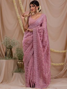 Koskii - Lavender Stonework Net Saree with Unstitched Blouse