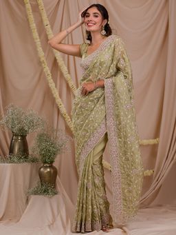 Koskii - Pista Green Stonework Net Saree with Unstitched Blouse