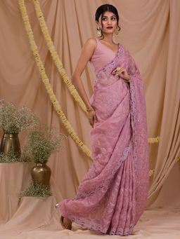Koskii - Lavender Stonework Net Saree with Unstitched Blouse