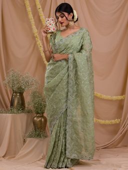 Koskii - Pista Green Stonework Net Saree with Unstitched Blouse