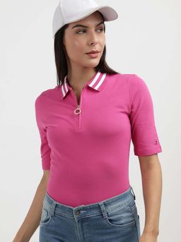 Tommy Hilfiger - Women Pink Solid Zipper Polo T-Shirt