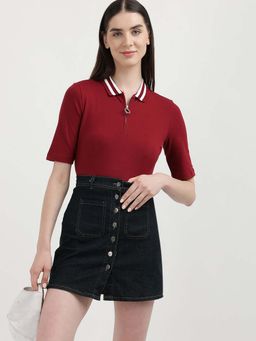 Tommy Hilfiger - Women Maroon Solid Zipper Polo T-Shirt
