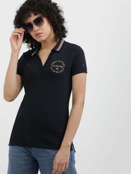 Tommy Hilfiger - Women Black Metallic Polo T-Shirt