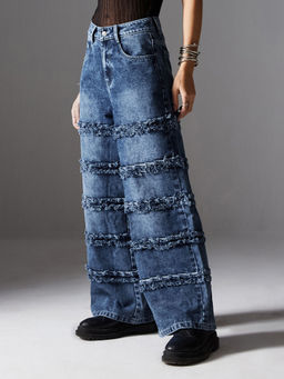 Miss Chase - Women Navy Blue Wide Leg High Rise Regular Length Denim Jeans