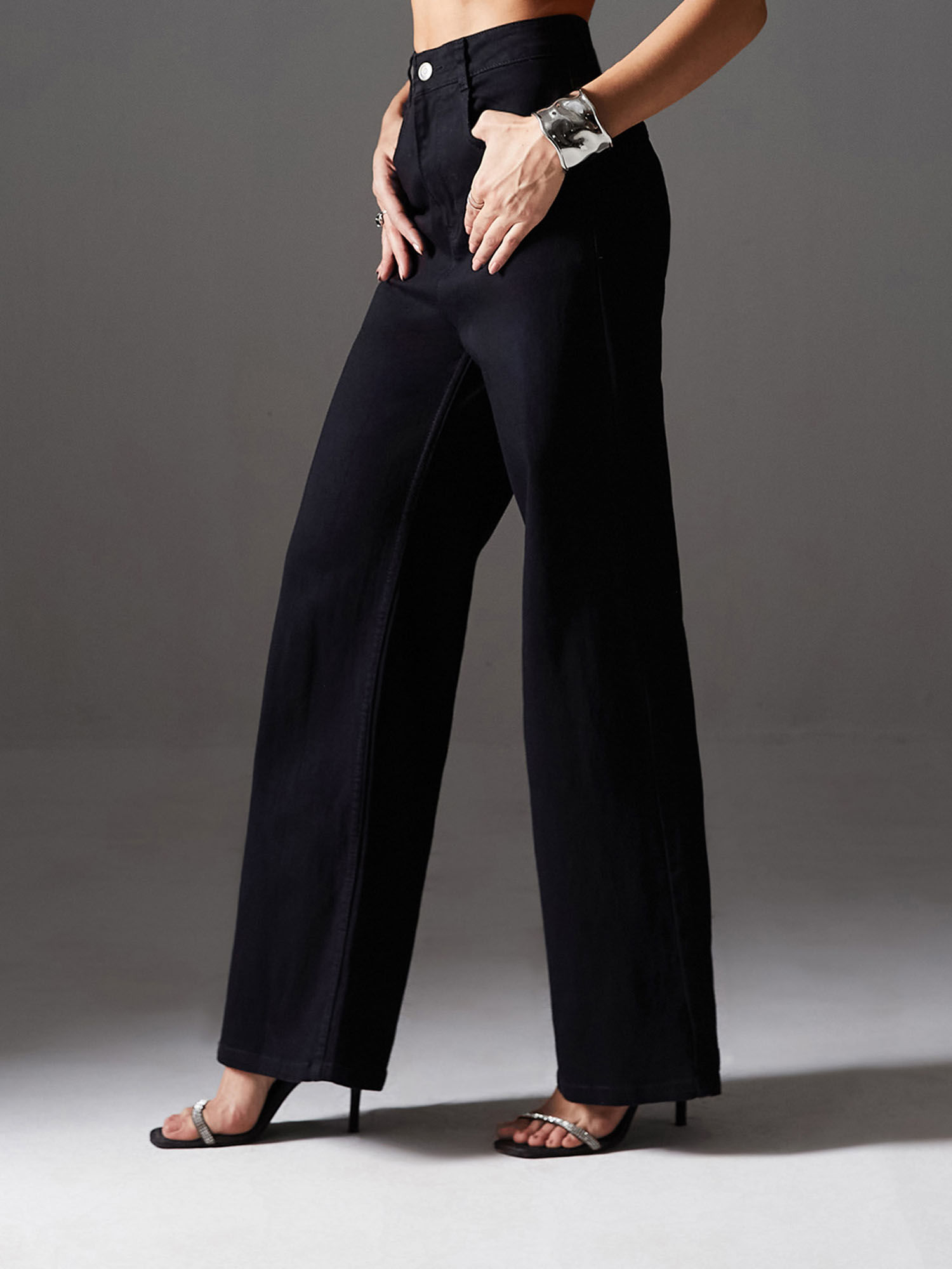 miss chase Women Black Wide Leg High Rise Regular Length Stretchable Denim Jeans-picture-19