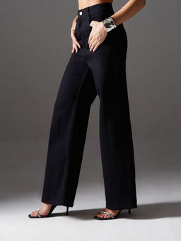 Miss Chase - Women Black Wide Leg High Rise Regular Length Stretchable Denim Jeans