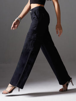Miss Chase - Women Black Wide Leg High Rise Regular Stretchable Denim Cargo Jeans