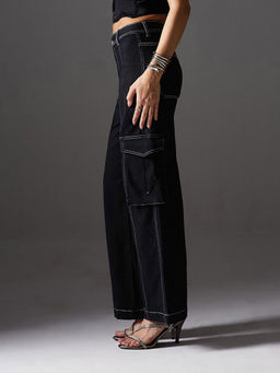 Miss Chase - Women Black Wide Leg High Rise Stretchable Patch Pocketed Denim Jeans
