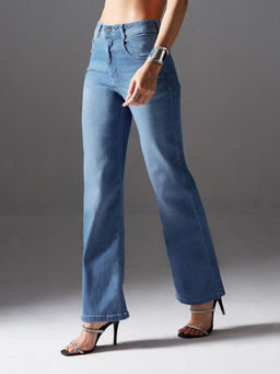 Miss Chase - Women Light Blue Wide Leg Mid Rise Regular Light Weight Denim Jeans