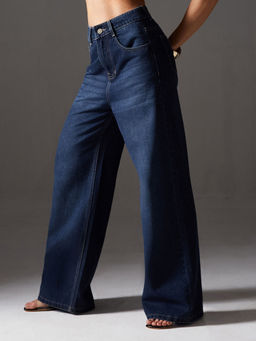 Miss Chase - Women Navy Blue Wide Leg High Rise Regular Length Denim Jeans