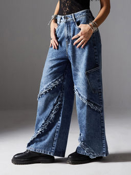 Miss Chase - Women Navy Blue Wide Leg High Rise Regular Length Denim Jeans