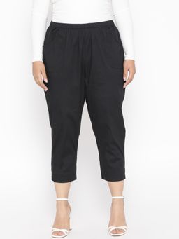 theRebelinme - Plus Size Women Black Solid Color Cotton Woven Capri
