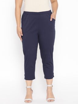 theRebelinme - Plus Size Women Navy Blue Solid Color Cotton Woven Capri