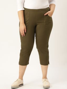 theRebelinme - Plus Size Women Olive Solid Color Cotton Woven Capri