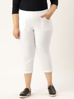 theRebelinme - Plus Size Women White Solid Color Cotton Woven Capri