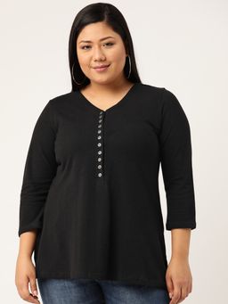 theRebelinme - Plus Size Women Black Solid Color Cotton Knitted Top