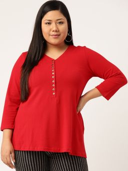 theRebelinme - Plus Size Women Red Solid Color Cotton Knitted Top