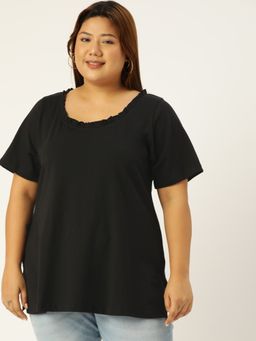 theRebelinme - Plus Size Women Black Solid Color Frill Detail Knitted T-shirt