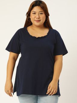 theRebelinme - Plus Size Women Navy Blue Solid Color Frill Detail Knitted T-shirt