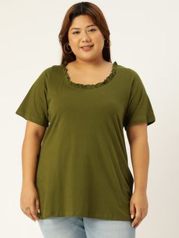 theRebelinme - Plus Size Women Olive Solid Color Frill Detail Knitted T-shirt