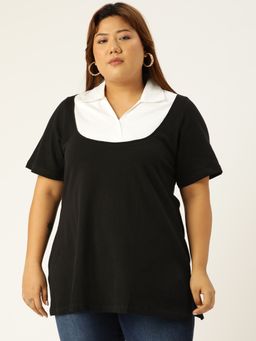 theRebelinme - Plus Size Women Black & White Solid Color Shirt Collar Top