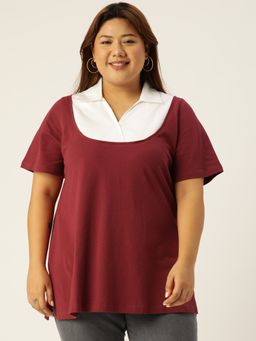 theRebelinme - Plus Size Women Maroon & White Solid Color Shirt Collar Top