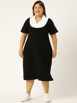 theRebelinme - Plus Size Women Black & White Solid Color Shirt Collar Dress