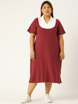 theRebelinme - Plus Size Women Maroon & White Solid Color Shirt Collar Dress