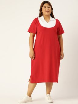 theRebelinme - Plus Size Women Red & White Solid Color Shirt Collar Dress