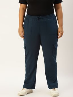 theRebelinme - Plus Size Women Ink Blue Solid Color Cotton Cargo Trouser