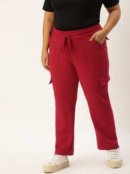 theRebelinme - Plus Size Women Maroon Solid Color Cotton Cargo Trouser
