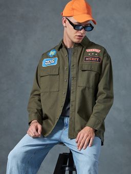 Bewakoof - Official Disney Men's Green Mickey Badge Graphic Printed Oversized Shirt