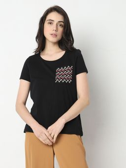 VERO MODA - Black Embroidered Pocket T-Shirt