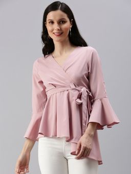 SHOWOFF - Women's Solid Peplum Mauve V-neck Top