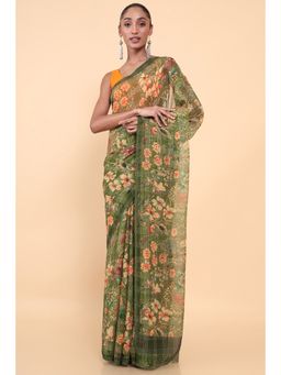 Soch - Women Green Chiffon Floral Saree with Unstitched Blouse