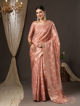 Akhilam - Womens Silk Blend Peach Woven Design Designer Saree with Unstitched Blouse