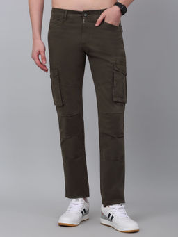 Cantabil - Men Stretchable Olive Green Solid Cargo Jeans