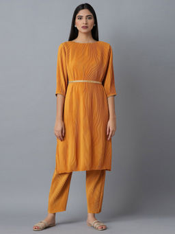 W - Orange Pleated Kurta-slim Pants Set (Set of 2)