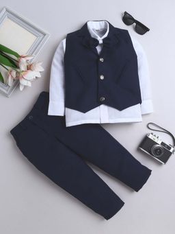 FOURFOLDS - Navy Blue Waistcoat Shirt With Bowtie And Trouser (Set of 4)