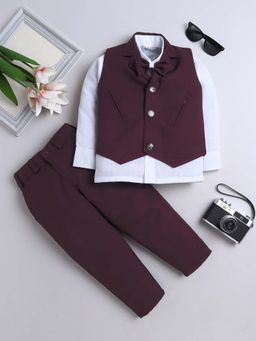 FOURFOLDS - Wine Waistcoat Shirt With Bowtie And Trouser (Set of 4)