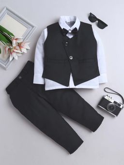 FOURFOLDS - Black Waistcoat Shirt With Bowtie And Trouser (Set of 4)