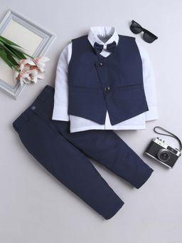 FOURFOLDS - Navy Blue Waistcoat Shirt With Bowtie And Trouser (Set of 4)
