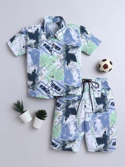 FOURFOLDS - Blue Cotton Blend Abstract Printed Shirt & Shorts