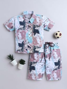 FOURFOLDS - Brown Cotton Blend Abstract Printed Shirt & Shorts
