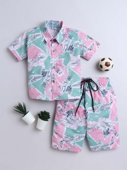 FOURFOLDS - Pink Cotton Blend Tropical Printed Shirt & Shorts