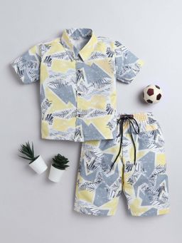 FOURFOLDS - Yellow Cotton Blend Tropical Printed Shirt & Shorts