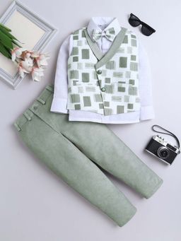 FOURFOLDS - Green Abstract Printed Waistcoat Shirt With Bowtie And Trouser (Set of 4)