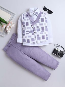 FOURFOLDS - Purple Abstract Printed Waistcoat Shirt With Bowtie And Trouser (Set of 4)